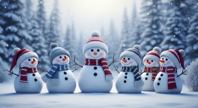 A group of adorable snowmen in a snowy forest scene isolated on white background - Powered by Adobe