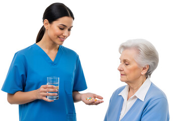 Caregiver Offering Medication to Elderly Woman – Compassionate, Professional Moment of Healthcare and Trust

