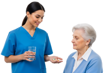 Caregiver Offering Medication to Elderly Woman – Compassionate, Professional Moment of Healthcare and Trust

