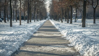 Obraz premium Cleared snowy pathway in winter park, maintenance of pedestrian access