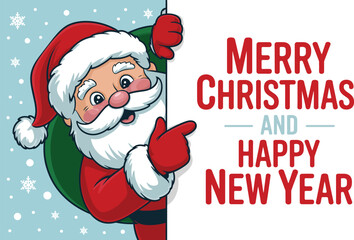 Cartoon Santa Claus peeking from behind a sign with Merry Christmas text