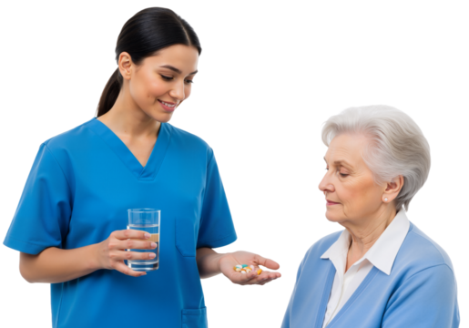 Caregiver Offering Medication to Elderly Woman – Compassionate, Professional Moment of Healthcare and Trust

