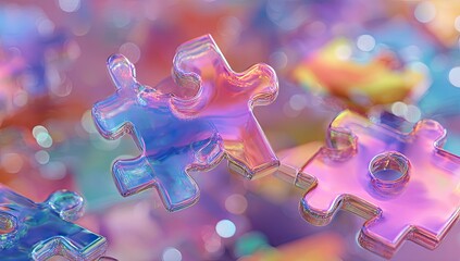 Holographic puzzle pieces in a vibrant, abstract background