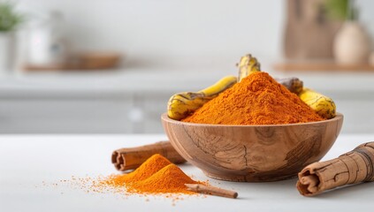 Turmeric and paprika arranged in a wooden bowl, showcasing vibrant spices for culinary use