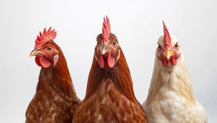 Three hens arranged in a portrait on a light background, showcasing poultry care, World Egg Day