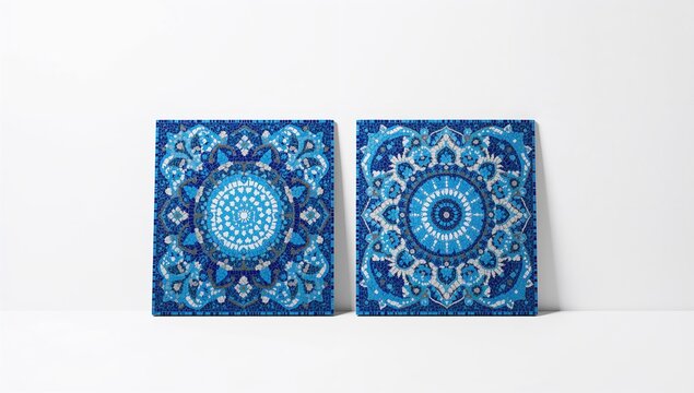 Two mosaic pieces painted on a white background, artistic expression in design