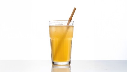 Fototapeta premium Glass of apple juice or lemon tea with a paper straw, fiber-dense choice