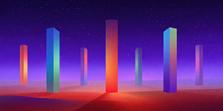 Colorful, glowing rectangular pillars in a desert landscape under a starry night