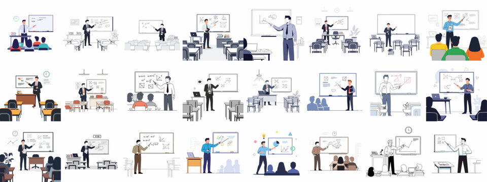 Collection of flat vector illustrations depicting teachers, professors, and instructors lecturing students and presenting academic or business concepts in a classroom setting.