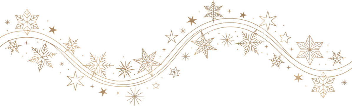 Golden snowflake and star border with wavy lines vector