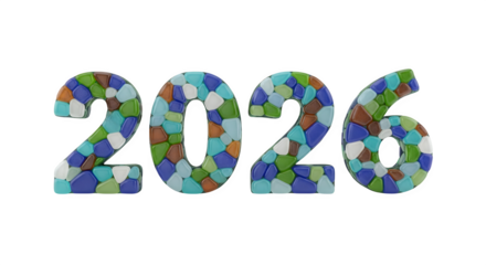 A mosaic style 2026 new year design with colorful tiles for a unique celebration isolated on transparent background