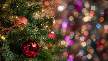 Artificial Christmas tree fragment against a bokeh light background, seasonal decoration