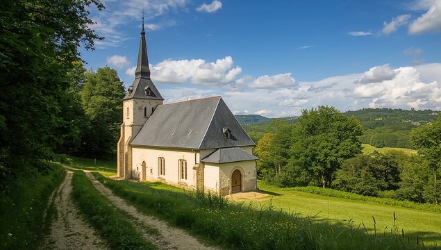 Rural white chapel in a scenic village setting