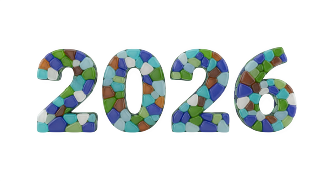 A mosaic style 2026 new year design with colorful tiles for a unique celebration isolated on transparent background