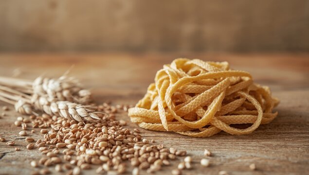 Uncooked italian buckwheat pasta displayed on a wooden surface, fiber-dense choice