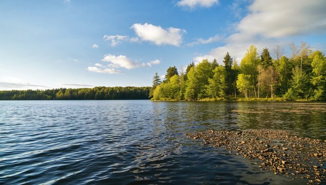 Picturesque lake surrounded by lush green trees and clear blue sky, evoking tranquility and seasonal change - Powered by Adobe