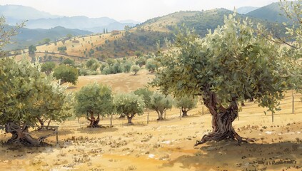 Olive trees scattered across the landscape in this watercolor artwork, highlighting rural agriculture