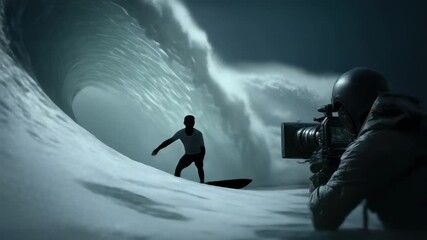 A photographer captures a surfer riding inside the hollow of a massive curling wave.