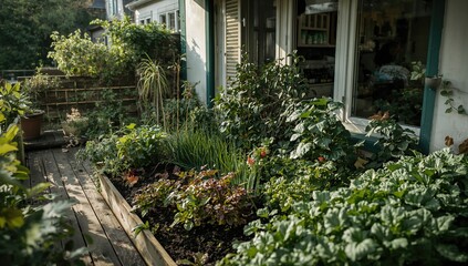 Obraz premium A balcony adorned with lush greenery in garden beds, promoting outdoor tranquility