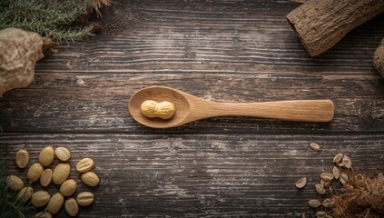 Peanuts in a wooden spoon resting on a rustic wooden surface, healthy snack choice