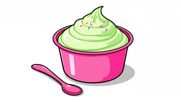 Cartoon yogurt in pink plastic container with spoon, fiber-dense choice - Powered by Adobe