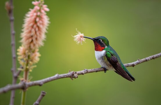 Male broad-tailed hummingbird perches on dry tree branch. Small colorful bird feeds on nectar from pink spiky flower. Tiny animal explores nature habitat. Bright green foliage background. Wild