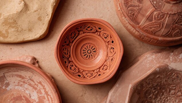 Pottery pieces with intricate designs, focusing on craftsmanship and artistic expression