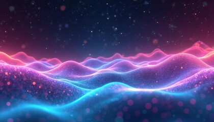 Obraz premium Abstract background shows digital glowing neon waves. Bright particles sparkle on vibrant pink, purple, blue wavy surface. Dynamic energy pattern creates futuristic light effect. Modern tech concept