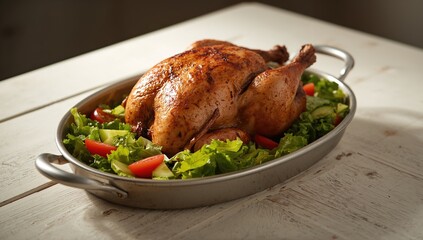 Vintage metal plate holding grilled chicken accompanied by a fresh salad, showcasing a protein-rich meal