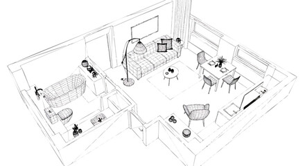 Detailed apartment floor plan sketch showing living room and bathroom layout