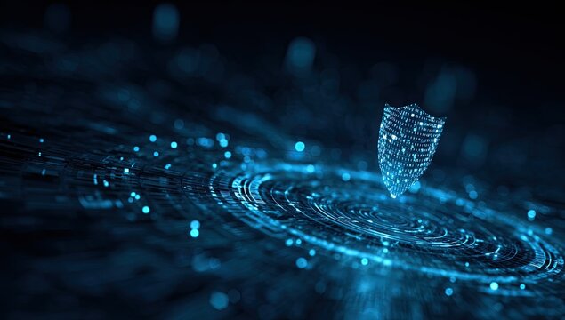 A glowing, digital shield floats above swirling data streams on a dark blue background - Powered by Adobe