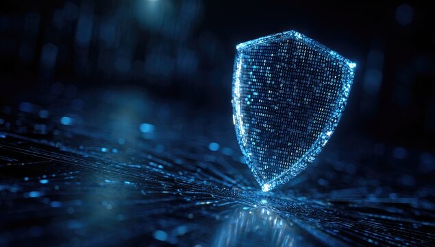 Glowing digital shield over abstract lines and dots representing network security and protection