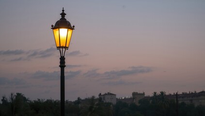 Vintage street lamp glowing in the evening light, creating a peaceful atmosphere outdoors