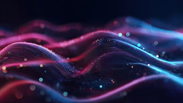 Digital artistic rendering of flowing, colorful waves with blurred bokeh lights