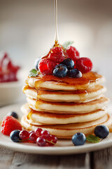 Stack of pancakes with berries and syrup drizzle