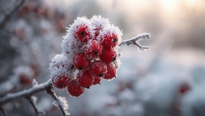 Rowanberry with hoarfrost, seasonal change