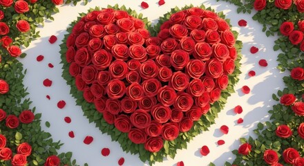 Large heart shape made of red roses isolated on white background