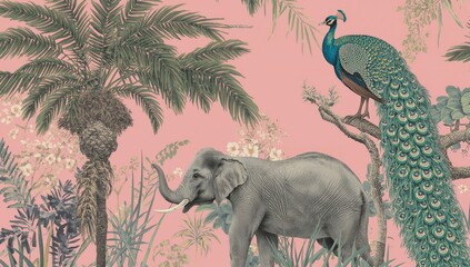 Obraz premium Vintage Indian floral pattern featuring palm trees, elephants, and peacocks, suitable for editorial backgrounds