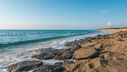 The seashore with rocky formations, ideal for summer exploration and nature appreciation