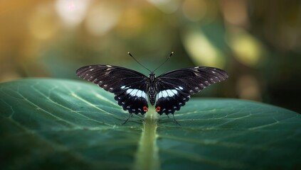 Fototapeta premium Perspective of a black butterfly resting on a leaf, showcasing nature's delicate balance