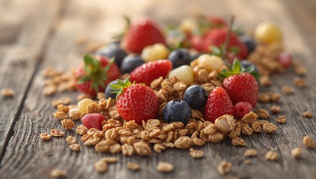 Homemade granola topped with fresh strawberries and grapes on a wooden table, fiber-dense choice