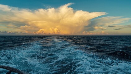 Radiant clouds over the ocean, turbulent waves and water splashes, dramatic post-storm sky, adventurous sailing scene