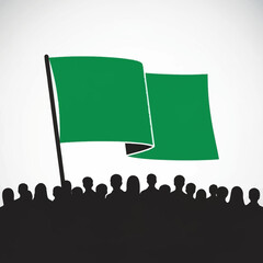 Empowered crowd supporting a vibrant green flag, ideal for campaigns, environmental causes, and community initiatives with a powerful, unified message