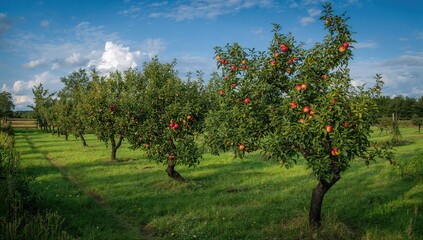 Fototapeta premium Apple trees in a lush orchard, seasonal change