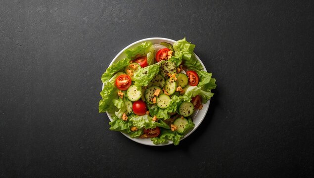 Bird's-eye view of a vibrant green salad against a dark background, ideal for editorial layout