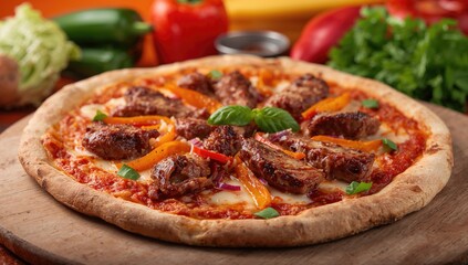 Slice of pizza topped with pork, tomato sauce, Chinese cabbage, sweet pepper, and mozzarella cheese, protein-rich meal