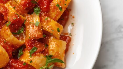 Wheels of pasta with fresh tomatoes and basil oil, fiber-dense choice