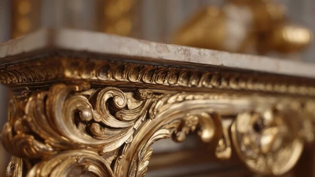 Gilded ornate Baroque-style furniture leg with intricate scrollwork and acanthus leaves.