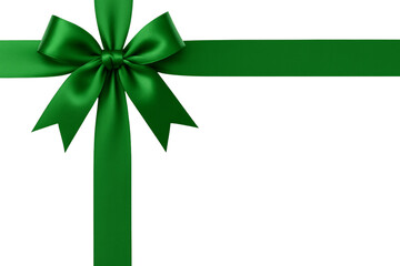  green ribbon bow on white background for gift wrapping, celebration, holiday packaging, festive decor, greeting card, elegant present, minimal luxury style