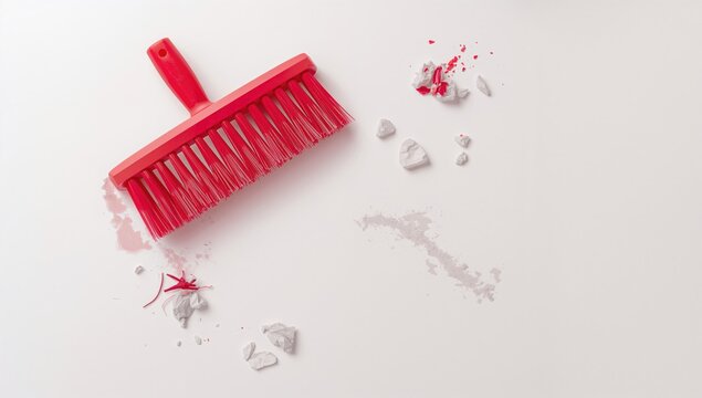 Red brush and dustpan with litter on a white surface, cleaning tools for efficient waste management